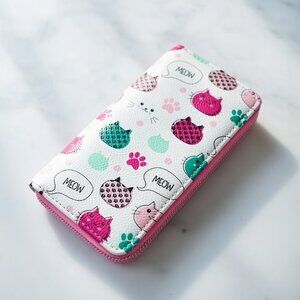 Kawaii Cat Print Zip Around Wallet Organizer Pink Teal Meow Kitten Paw Print
